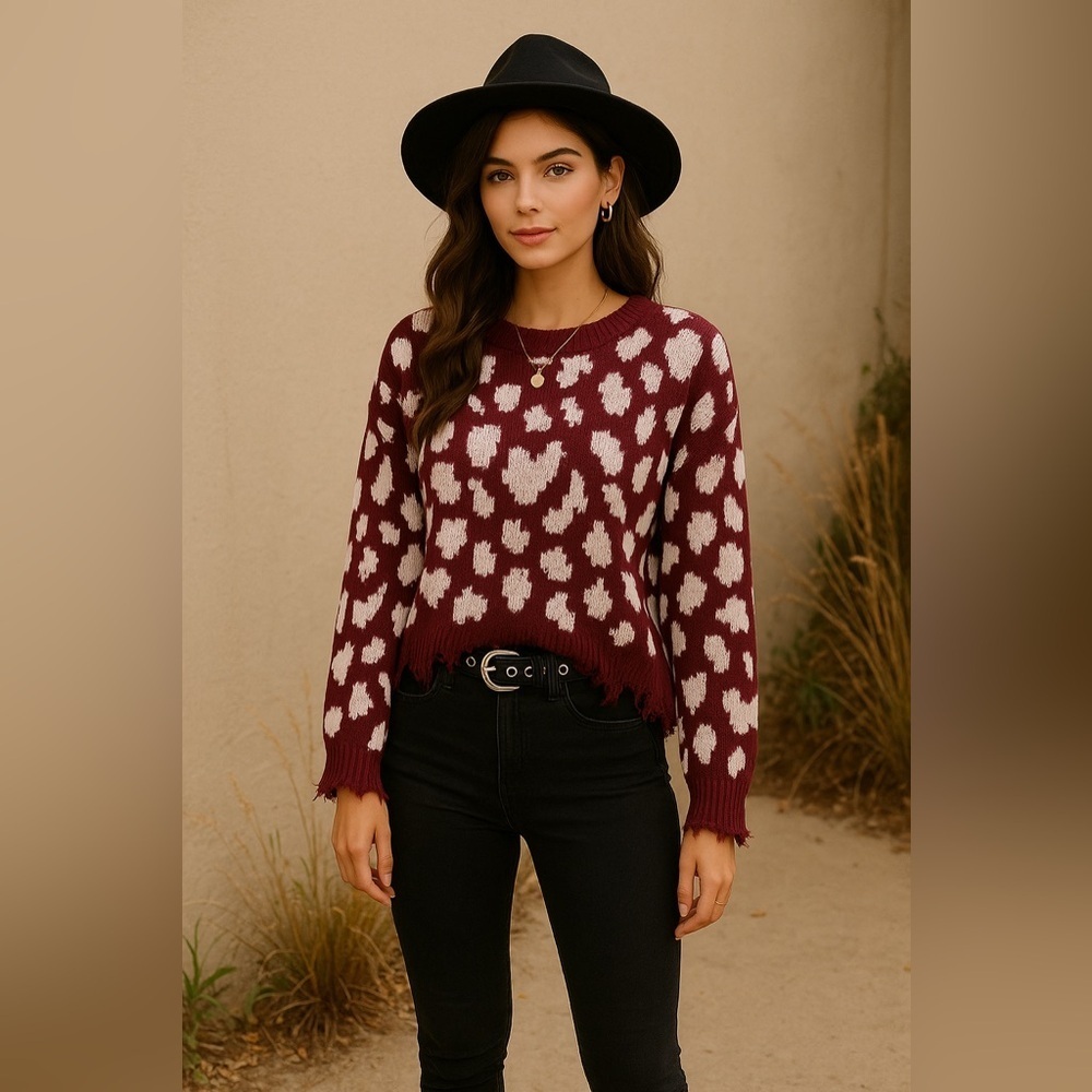 Burgundy Leopard Print Distressed Sweater | Grunge Y2K Cozy Chic | Sz S - Picture 9 of 9